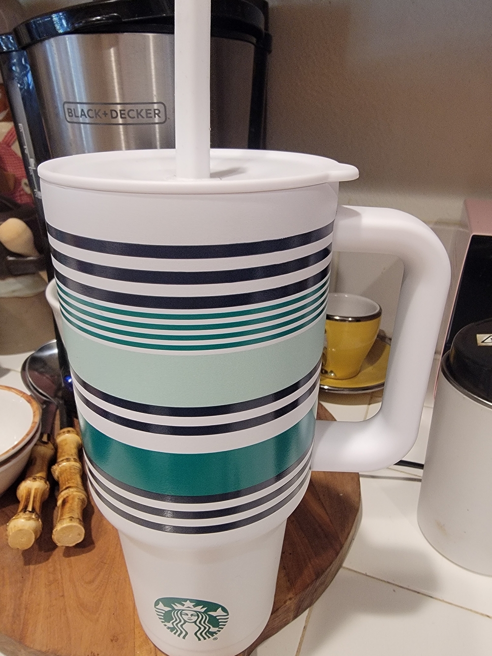 Starbucks White Travel Mug with Teal, Mint & Navy Stripes